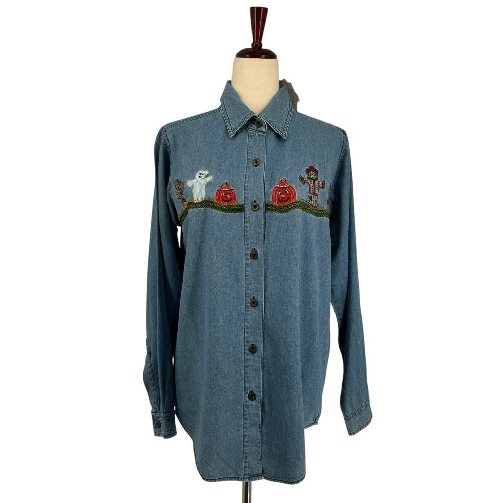 Vintage Basic Editions Halloween Embroidered Denim Button Down S Ghost‎ Pumpkin